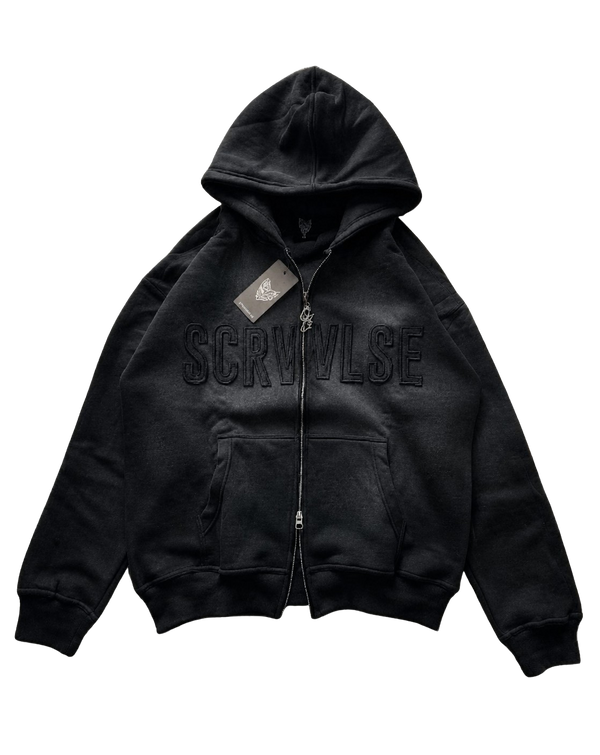 SCREWLOOSE Acid Wash Zip-Up Hoodie - Midnight Black